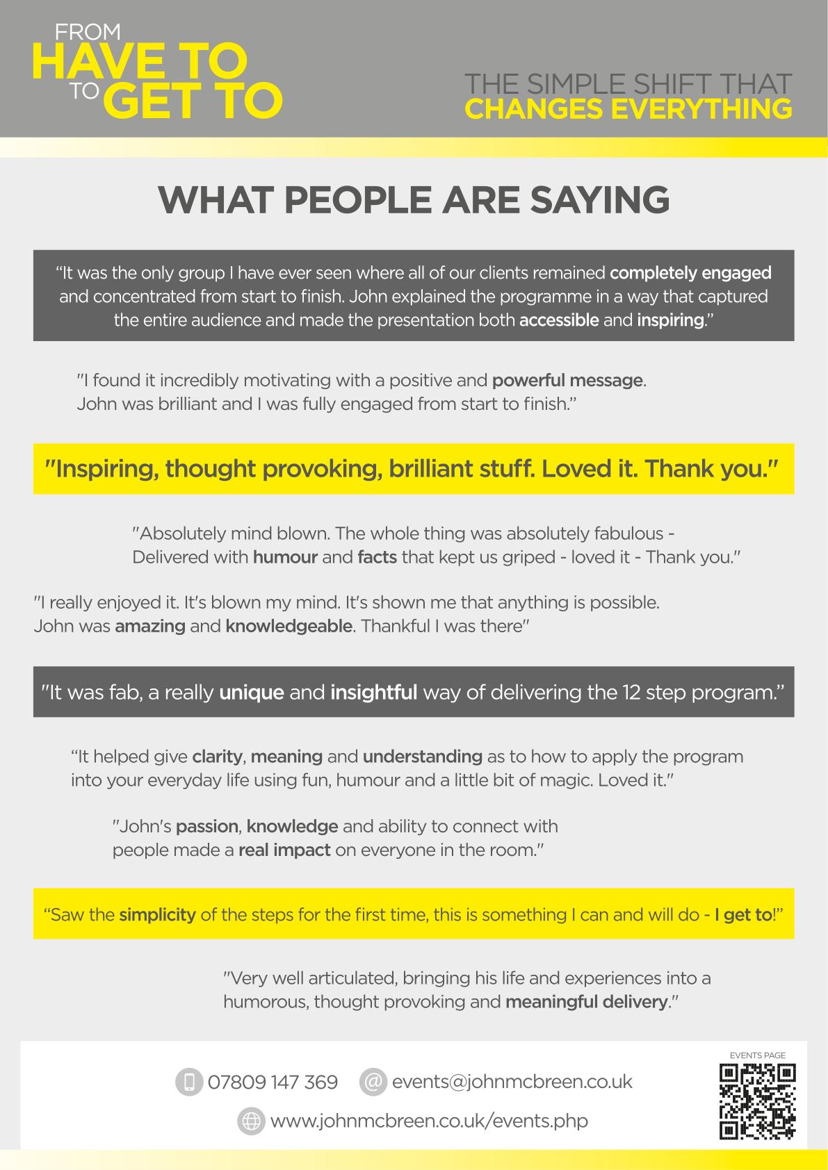 From Have To, To Get To — e-flyer page 2: testimonials and reviews from people who have seen John McBreen's recovery workshop, with a QR code to johnmcbreen.co.uk/events.php.
