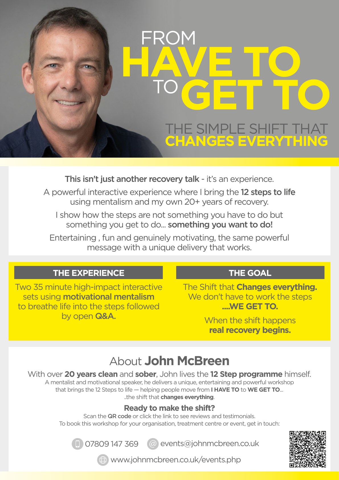 From Have To, To Get To — e-flyer. A motivational mentalism recovery workshop by John McBreen. Two 35-minute interactive sets bringing the 12 Steps to life, followed by open Q&A. Contact 07809 147 369 or events@johnmcbreen.co.uk.
