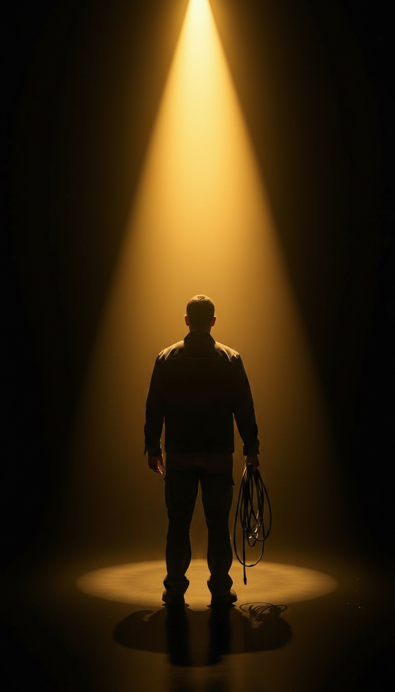 Silhouette of an electrician under a golden spotlight
