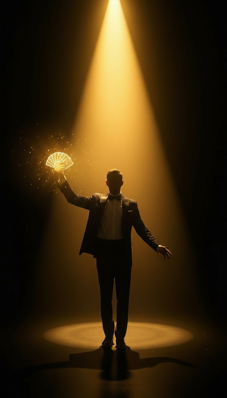Silhouette of a mentalist holding glowing cards under a golden spotlight