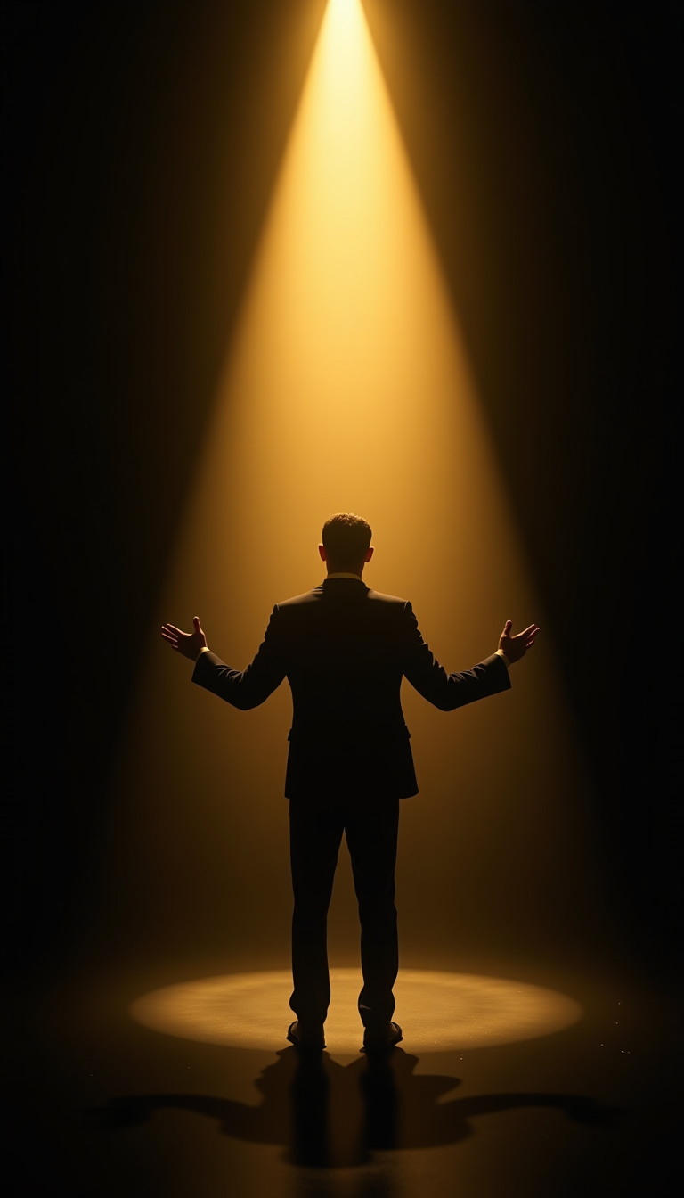 Silhouette of a speaker under a golden spotlight
